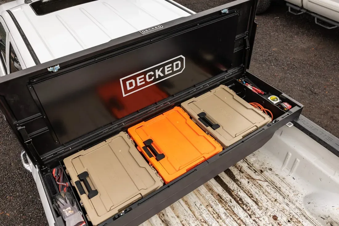 An open DECKED Tool Box with its orange and tan D-co cases (DECKED photo)