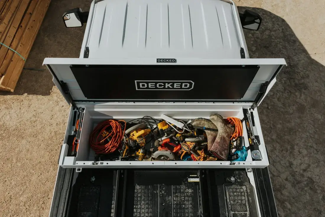 Looking down into an open white DECKED Tool Box full of tools (DECKED photo)