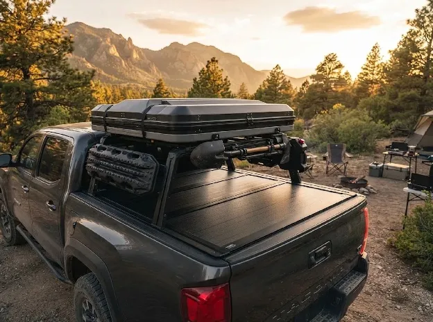 A grey Toyota Tacoma at a mountain campsite with a hard folding tonneau cover closed over the bed and a bed rack carrying a hard-shell roof-top tent and recovery boards