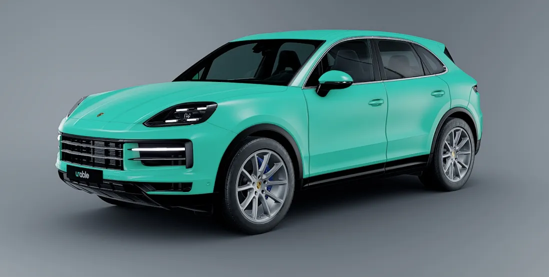 Render of a Porsche Cayenne with every painted panel highlighted in teal to show full car PPF coverage