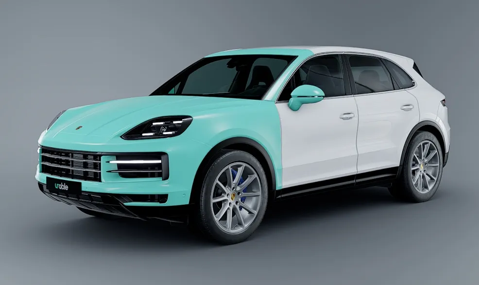 Render of a white Porsche Cayenne with the whole hood, both front fenders, the front bumper, and the mirrors highlighted in teal to show full front PPF coverage